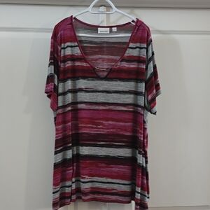 Like New: Avenue Striped V-Neck Top - Pink and Black